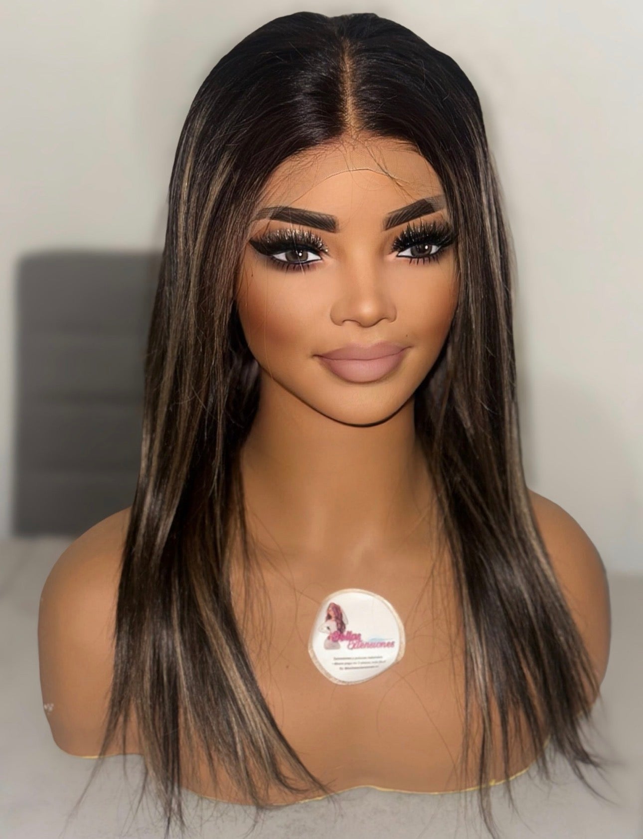 Peluca Natural - castaño muy oscuro y mechas rubias doradas - Nudos Blanqueados - Sin Pegamento - Camelia