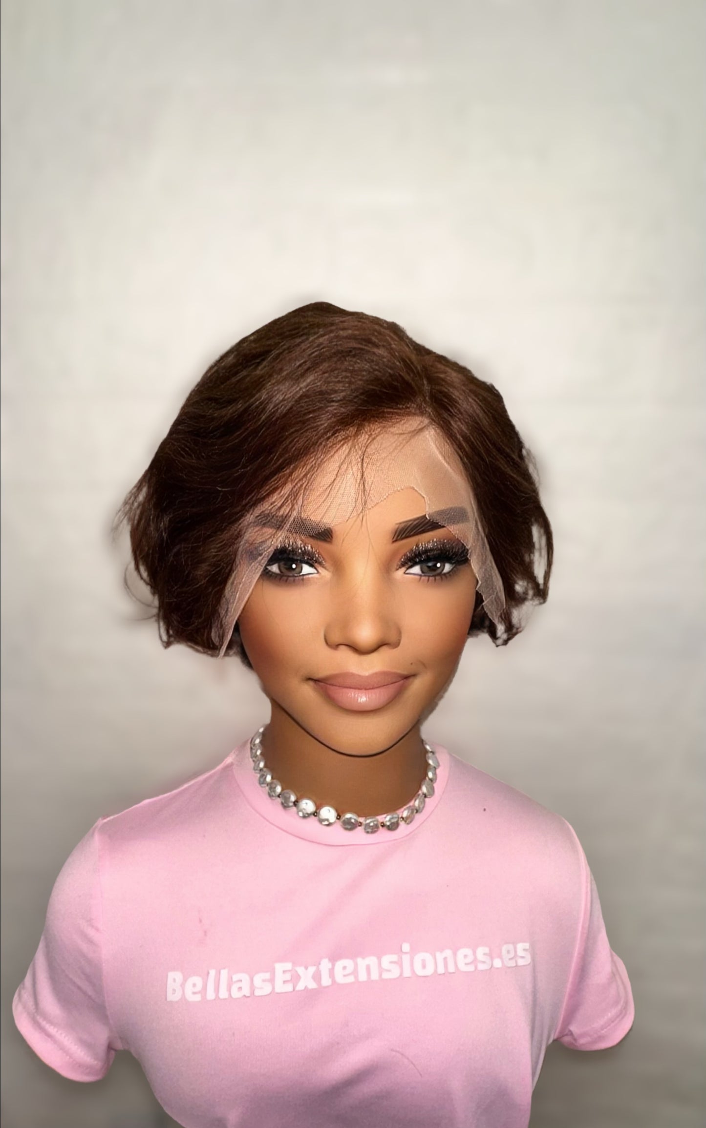 Peluca corta lace front marrón ondulada - 13x4