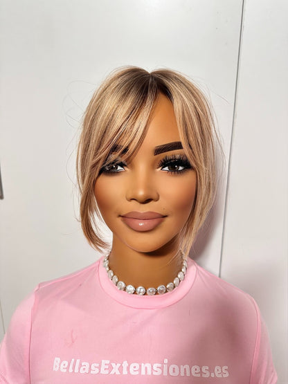 Topper Con Clips Pelo Humano Con Raíz y Mechas Flequillo En cortina