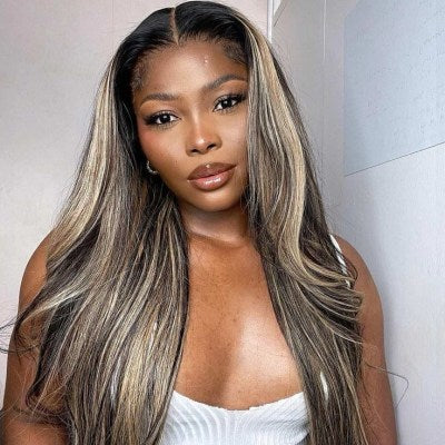 Peluca Lace Closure 9x6 – Balayage 1B & Mechas Doradas - Sin Pegamento - ESTEFANIA