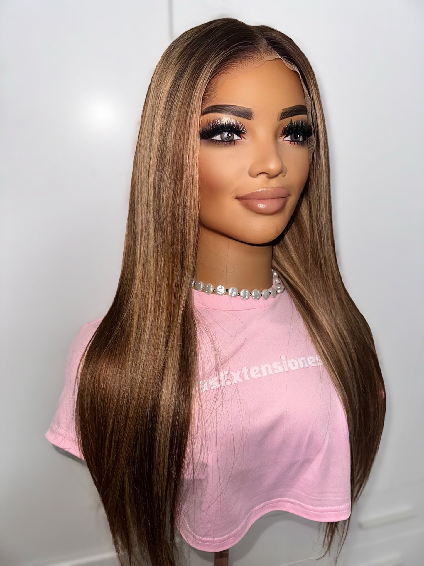 Peluca Lace Front 13x6 - Castaño Iluminado con Mechas Rubias (65 cm)