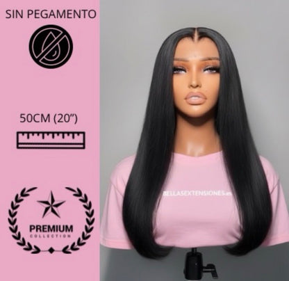 Peluca Pelo Humano Cabello Premium Grueso Abundante Melena de 50cm(20”) Virgen Negro Natural 9x6 Sin Pegamento