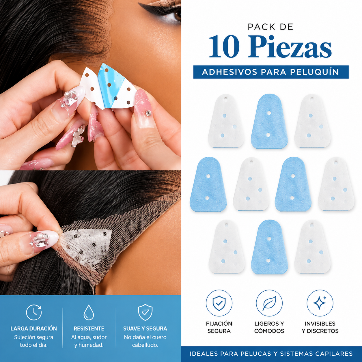 10 piezas adhesivas doble cara sujeción fuerte para pelucas y prótesis