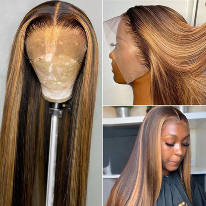 Peluca Natural Lace Front 13×6 HD – Castaño Claro Con Mechas Rubias – CLAUDIA