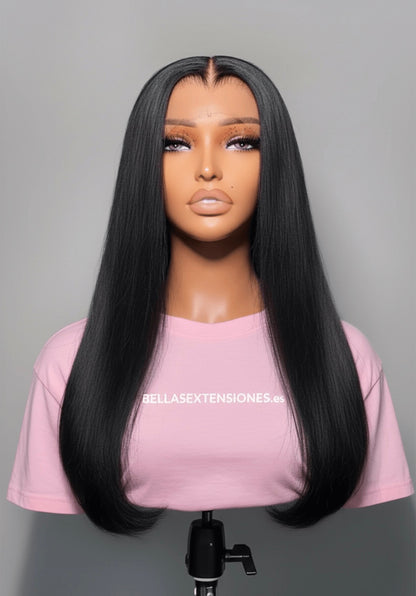 Peluca Pelo Humano Cabello Premium Grueso Abundante Melena de 50cm(20”) Virgen Negro Natural 9x6 Sin Pegamento