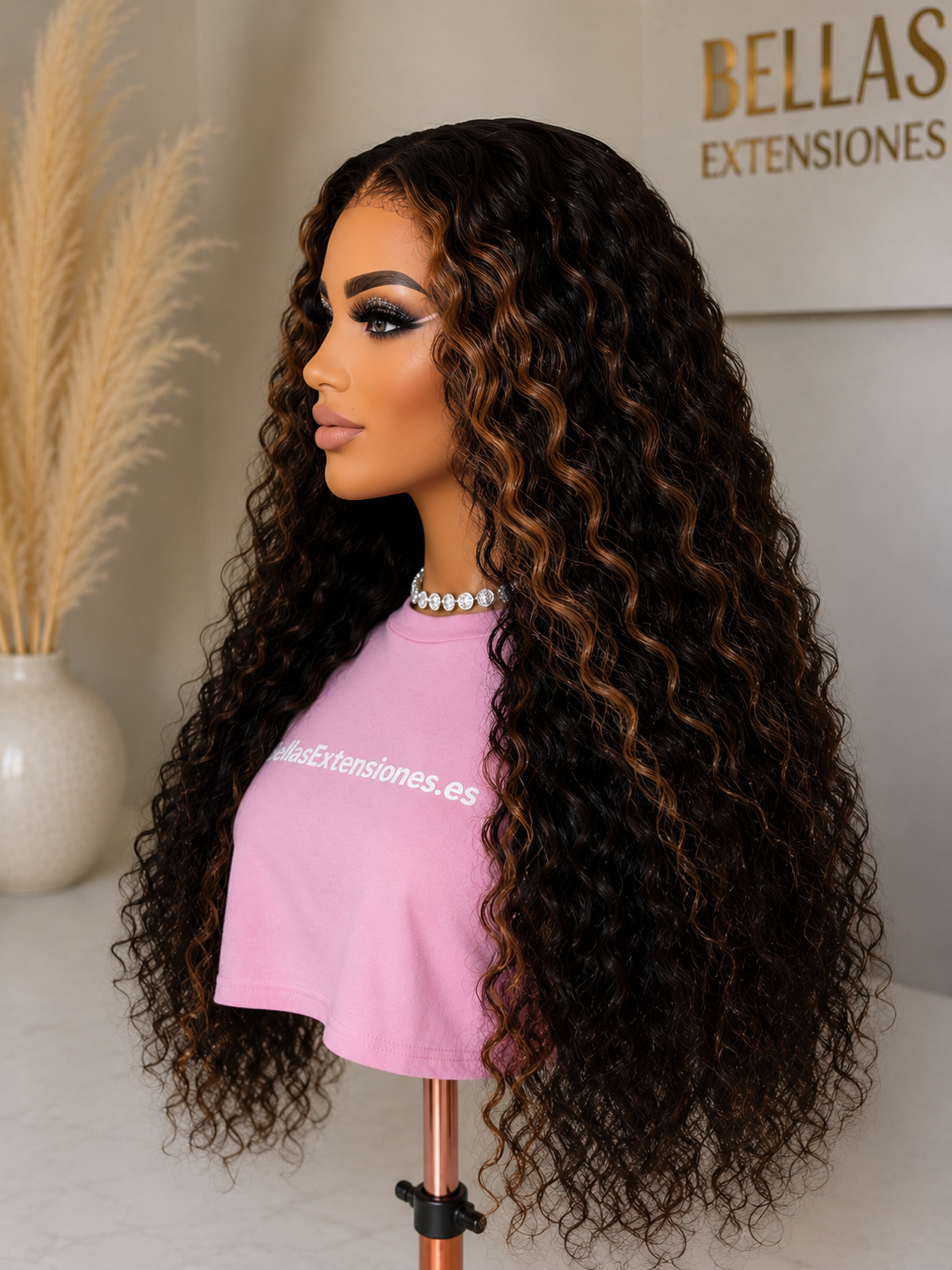 Peluca de Cabello Humano 5x5 HD Lace - Rizos Definidos con Mechas (70cm) sin pegamento - TEODORA