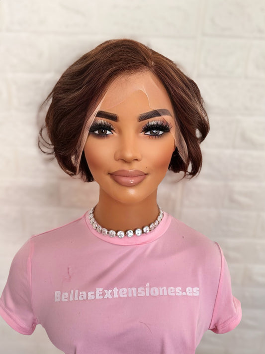 Peluca corta lace front marrón ondulada - 13x4