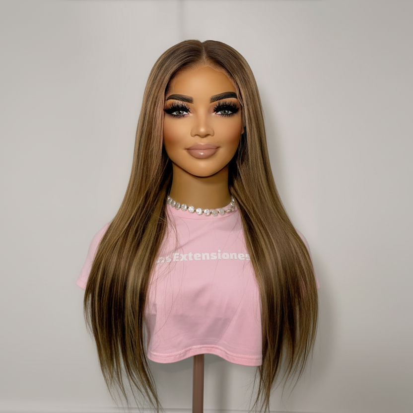 Peluca Lace Front 13x6 - Castaño Iluminado con Mechas Rubias (65 cm)