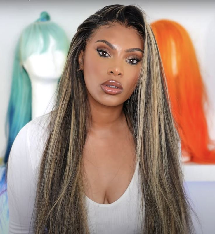 Peluca Lace Closure 9x6 – Balayage 1B & Mechas Doradas - Sin Pegamento - ESTEFANIA