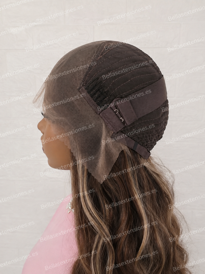 Peluca Pelo Humano Premium Marrón Con Mechas Platino Ondulada Extra Larga 80cm 13x6 BEYONCE
