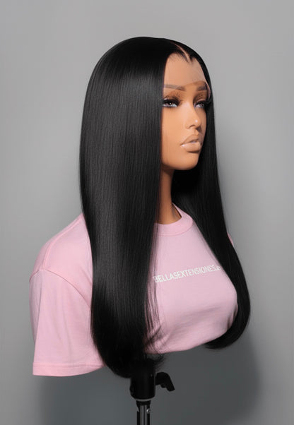 Peluca Pelo Humano Cabello Premium Grueso Abundante Melena de 50cm(20”) Virgen Negro Natural 9x6 Sin Pegamento