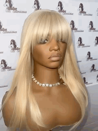 Peluca Pelo Humano Con Flequillo Rubio Platino Sin Pegamento Y Efecto Raíz (50cm) ENCARNA