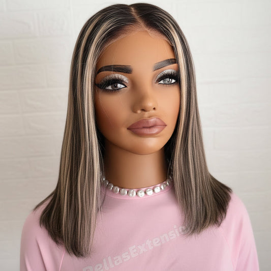 Peluca de Cabello Humano 9x6: Contraste Elegante en Castaño muy oscuro y Rubio Platino sin pegamento