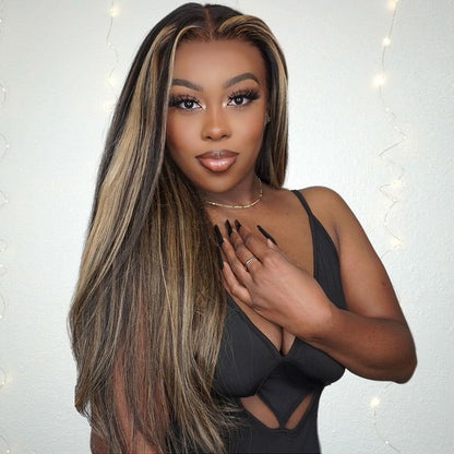 Peluca Lace Closure 9x6 – Balayage 1B & Mechas Doradas - Sin Pegamento - ESTEFANIA