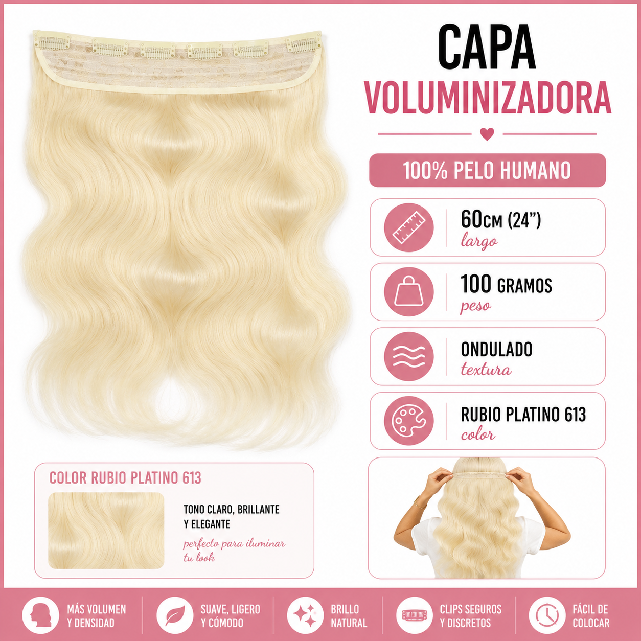 Extensiones Clip - Capa Voluminizadora - Ondulado - 613 Rubio Platino - 60cm - 100gr