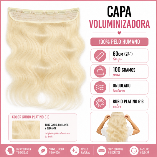 Extensiones Clip - Capa Voluminizadora - Ondulado - 613 Rubio Platino - 60cm - 100gr