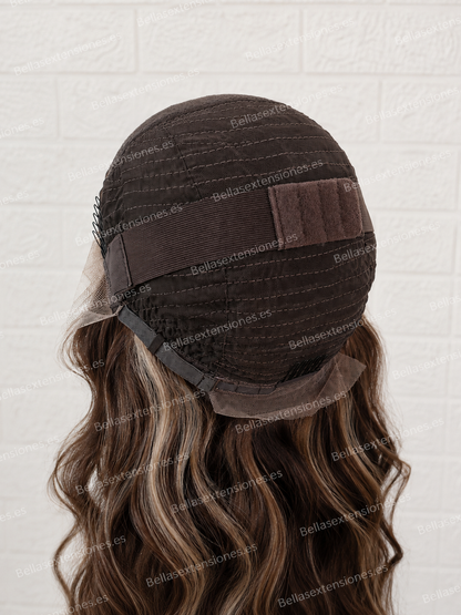 Peluca Pelo Humano Premium Marrón Con Mechas Platino Ondulada Extra Larga 80cm 13x6 BEYONCE