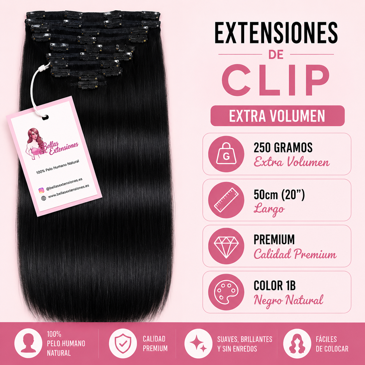 Extensiones De Clip 250 Gramos Pelo Natural Color 1B - VOLUMEN PREMIUM