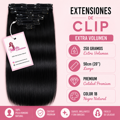 Extensiones De Clip 250 Gramos Pelo Natural Color 1B - VOLUMEN PREMIUM
