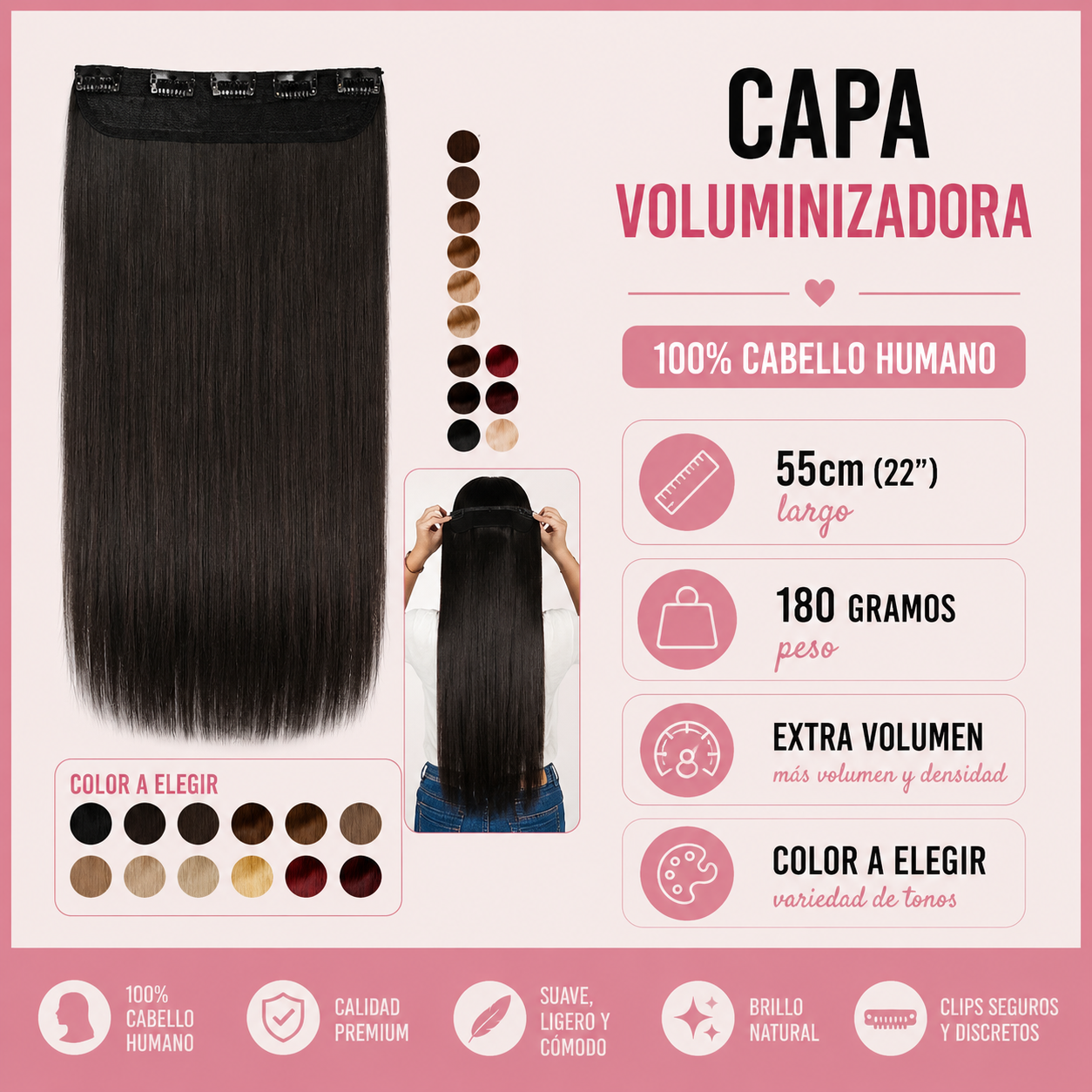 Extensiones Clip Capa Voluminizadora 50/55 cm - EXTRA VOLÚMEN - 180 GRS