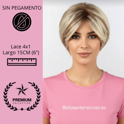 Peluca Pixie Premium Flequillo Cortina y Lace 4x1 - Sin pegamento y Clips en gorro - TERESA