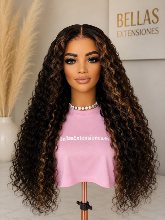 Peluca de Cabello Humano 5x5 HD Lace - Rizos Definidos con Mechas (70cm) sin pegamento - TEODORA