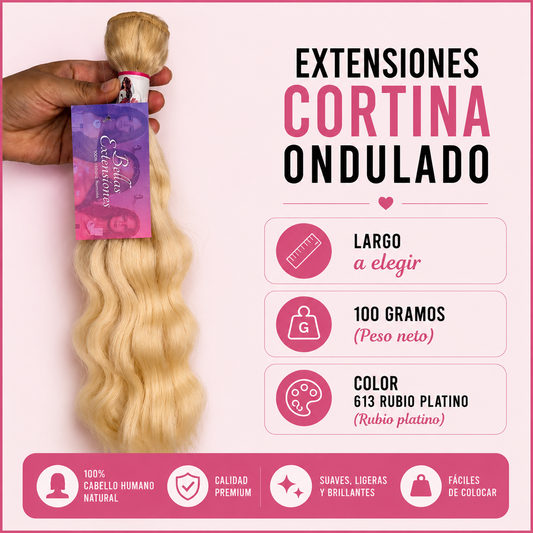 Extensiones cortina cosida 100 gramos rubio platino 613 ondulado