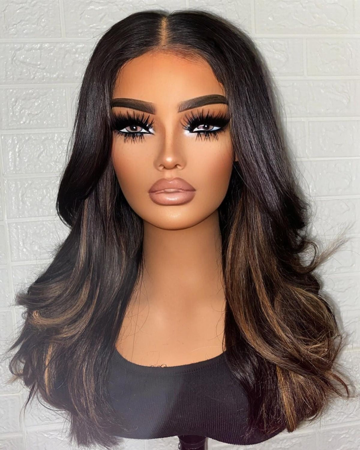 Peluca Pelo Humano Morena con Reflejos Caramelo Balayage 13x4 - CRISTINA