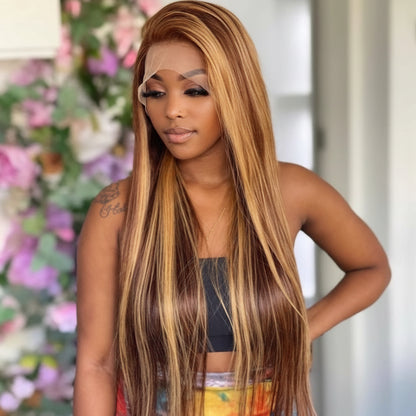 Peluca Natural Lace Front 13×6 HD – Castaño Claro Con Mechas Rubias – CLAUDIA